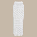 Biela háčkovaná pletená sukňa s bočnými rozparokmi